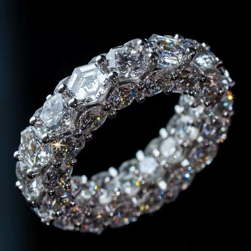 Hexagon + round cut fully set ring