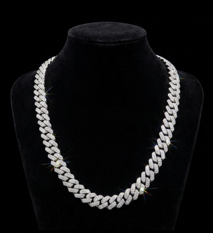 8mm, 2 Row, Moisannite and 925 silver Cuban Chain