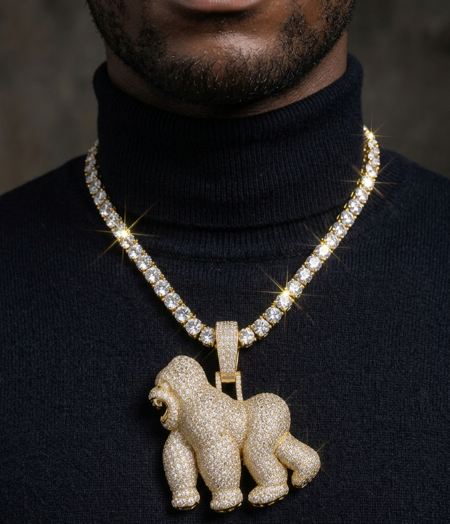 BIG GORILLA Pendant 925 silver (Gold plated) and Moisannite