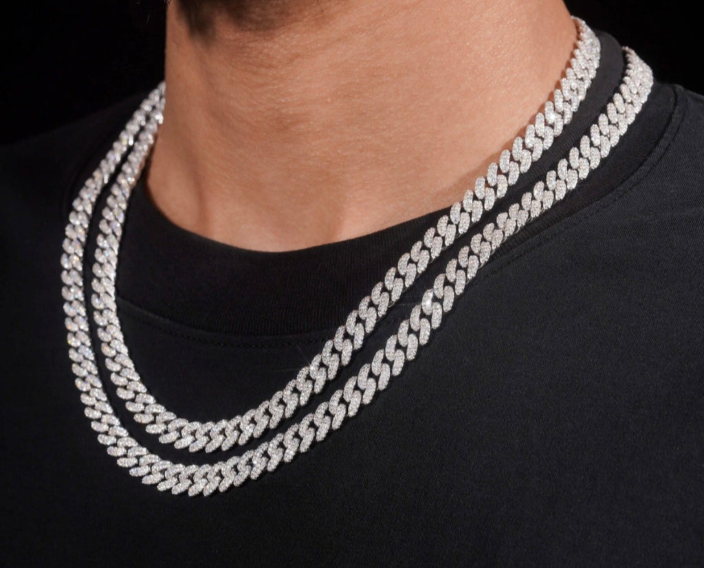 8mm, 2 Row, Moisannite and 925 silver Cuban Chain